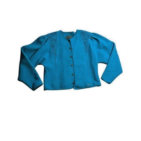 Geiger Cardigan Womens Size XL EU 46Vtg 80s Puff Sleeve Turquoise Boiled Wool